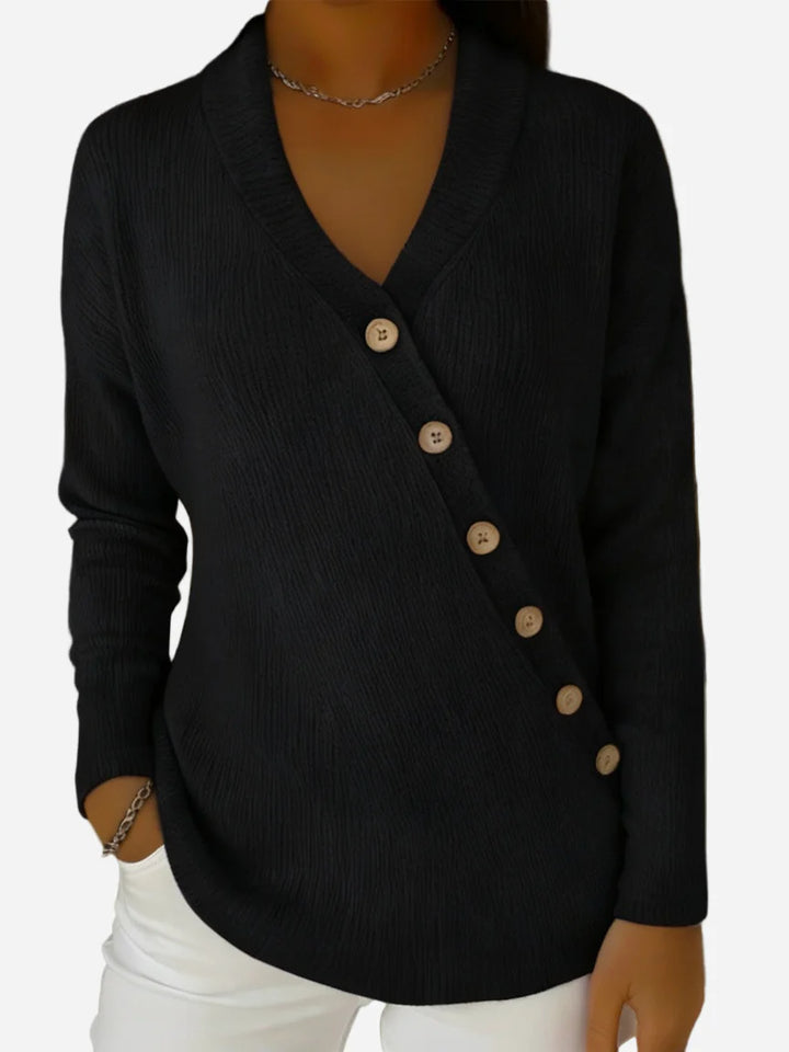 Marcella - V-Neck Ribbed Knit Sweater with Asymmetrical Button Detail
