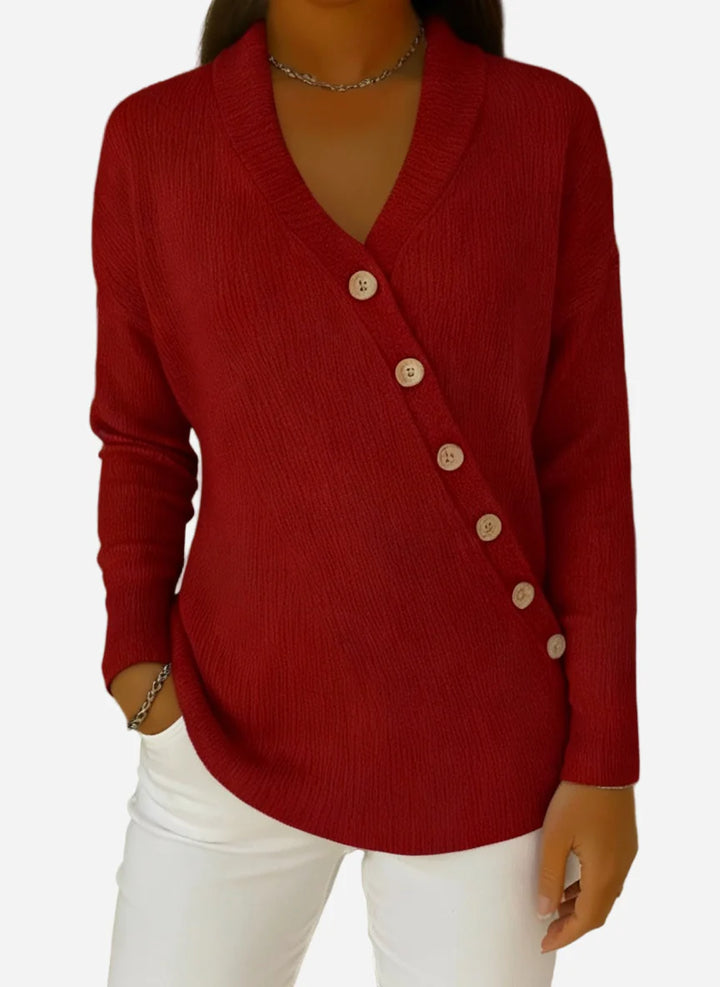 Marcella - V-Neck Ribbed Knit Sweater with Asymmetrical Button Detail