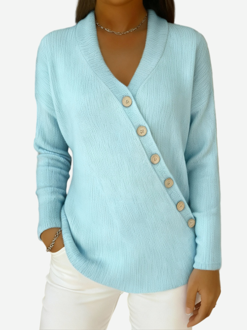 Marcella - V-Neck Ribbed Knit Sweater with Asymmetrical Button Detail